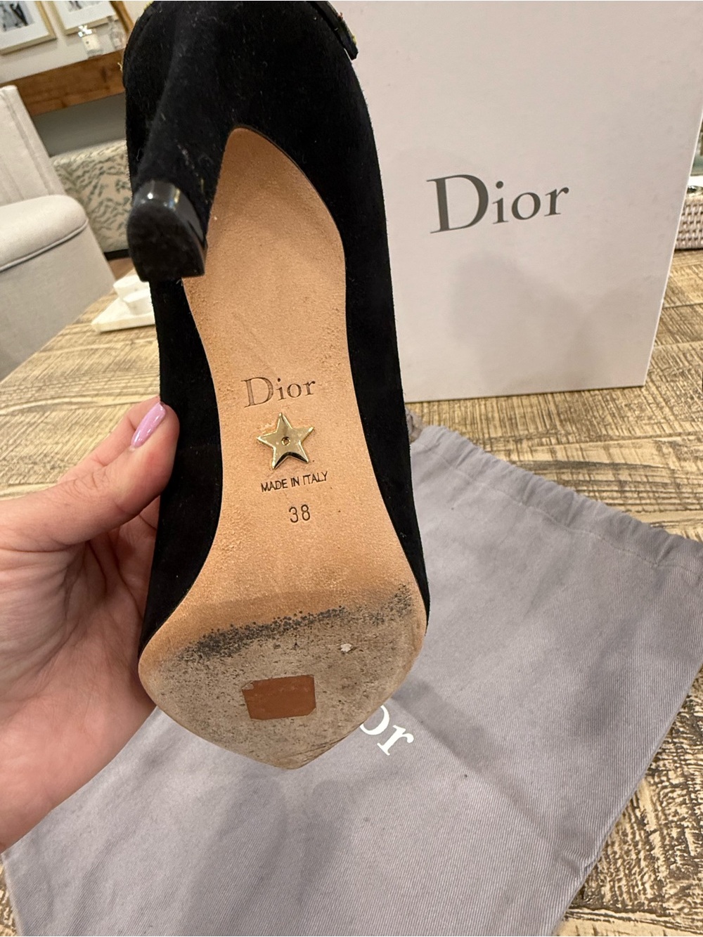 Dior Black Suede Pointed Pumps with Multicolor Embellished Heel Accent - Picture 11 of 15